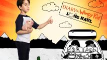A young boy holding a baby pig under his arm and giving a thumbs up, standing in front of a black and white illustration of a car driving by.