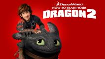 A boy sitting on the back of a friendly looking dragon, in front of a bright red background and a white logo in the top right corner.
