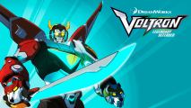 A tall robot holding a knife in front of a light blue background, with a logo that says, Voltron: Legendary Defender.