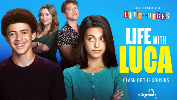 A close-up of four teenagers in front of a light blue background with a logo that reads, Life with Luca to the right.