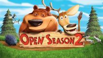 a brown bear and a deer with one antler looking over a wooden sign that reads open season 2.