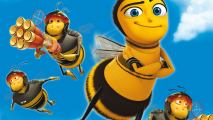 A smiling bee with crossed arms, flying in the air in front of a clear blue sky, surrounded by three other bees.