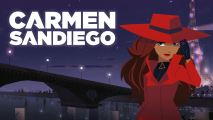 A female detective, wearing a red suit and hat in front of a city skyline.