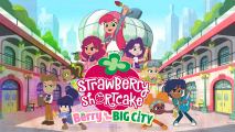Animated girl and boy characters posing beside a giant strawberry