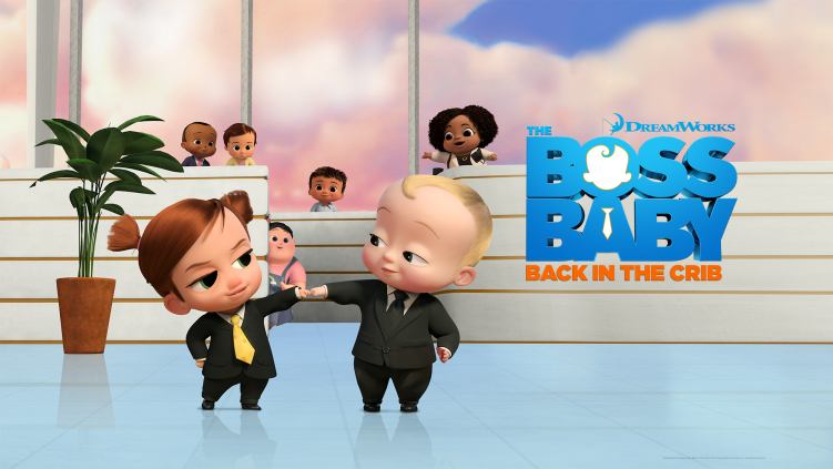 two animated characters with baby face, dressed in adult black suites standing on the floor, other characters looking at them